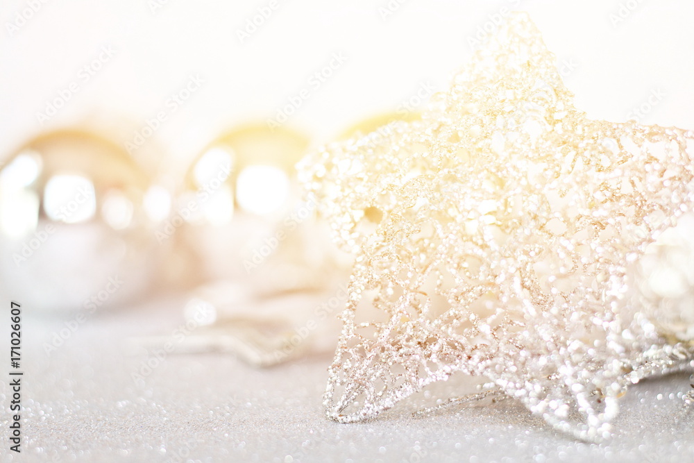 Happy New Year, Merry Christmas, celebration or holiday background concept : Star and shiny silver ornaments on bright abstract background bokeh Happy New Year, Merry Christmas, celebration or holiday background concept : Star and shiny silver ornaments on bright abstract background bokeh