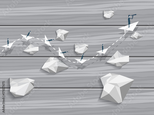 Businessman with monocular on paper plane as a symbol of business leadership. Visionary leading team, teamwork concept. Leadership concept. First place. Business success. Vector origami.
