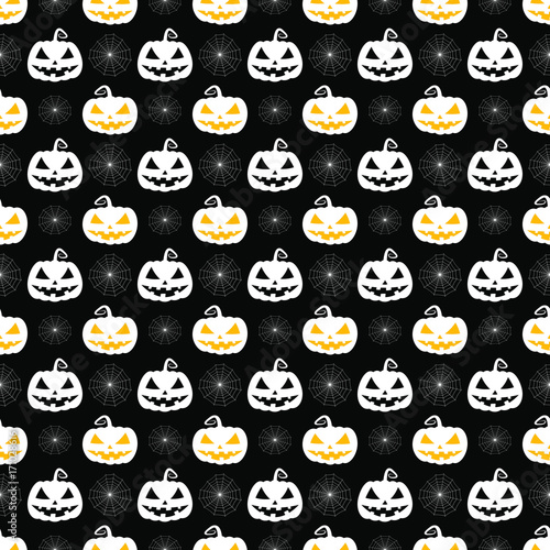Halloween pumpkin and spider web seamless pattern background.