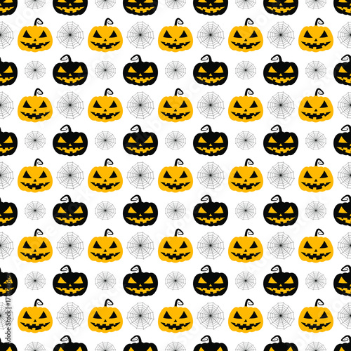 Halloween pumpkin and spider web seamless pattern background.