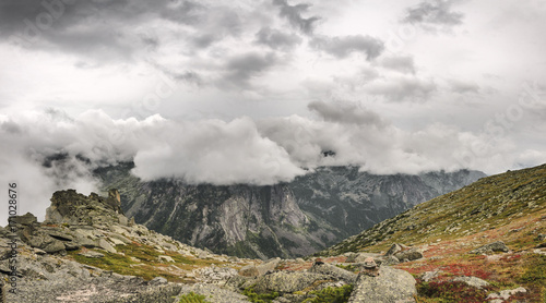 Foggy and cloudy landscape, Mountains, Clouds. National Park Ergaki, Siberia, Russia