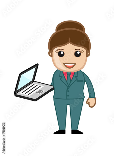 Cartoon Businesswoman Presenting Laptop
