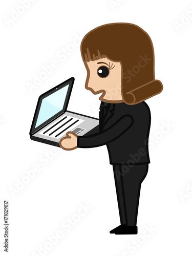 Cartoon Businesswoman Working on Laptop