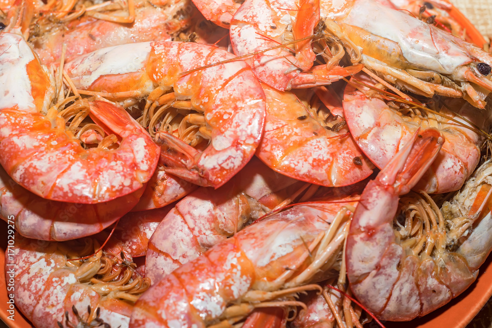 Freshly cooked langoustines on plate Freshly cooked langoustines on plate