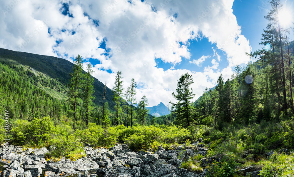 mountain range with valley, mountain lakes and river, national park in Altai republic, Siberia, Russia mountain range with valley, mountain lakes and river, national park in Altai republic, Siberia, Russia