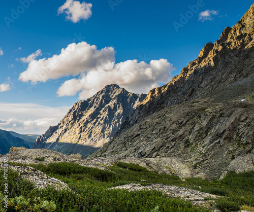 mountain range with valley during sunset, national park in Altai republic, Siberia, Russia