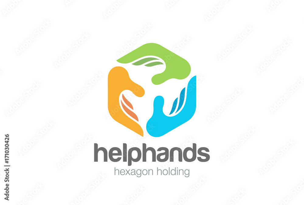 Social Three Hands Hexagon Logo vector. Help Teamwork Donation Stock ...