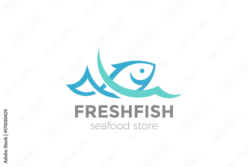 Naklejka premium Fish in water Logo vector Seafood restaurant store Logotype icon