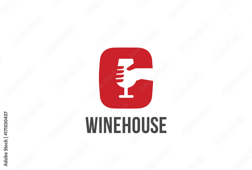 Fototapeta premium Hand holding Wine glass Logo vector. Alcohol Market Shop icon