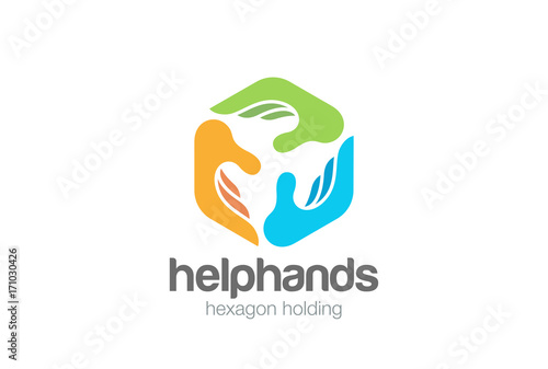 Social Three Hands Hexagon Logo vector. Help Teamwork Donation