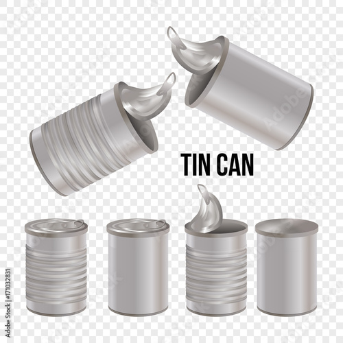 Tincan, canned food realistic vector package mockup, isolated on white background. Metal Tin Can blank templates for branding. Open and closed