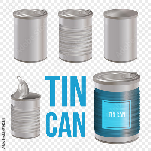 Tincan, canned food realistic vector package mockup, isolated on white background. Metal Tin Can blank templates for branding. Open and closed