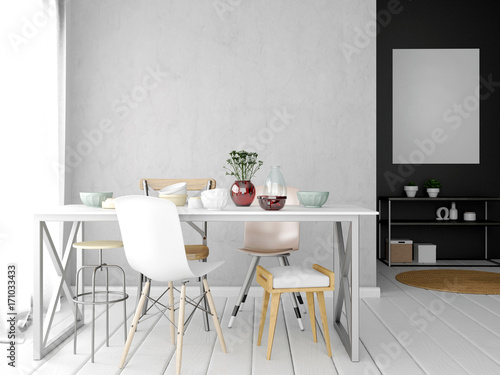 Mock up wall in interior with dining area. living room modern style. 3d illustration © abraca_da