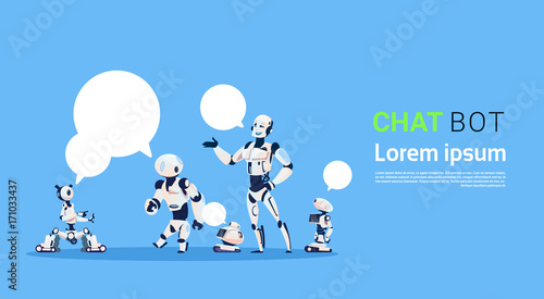 Chat Bot Group, Robots Virtual Assistance Element Of Website Or Mobile Applications, Artificial Intelligence Concept Flat Vector Illustration