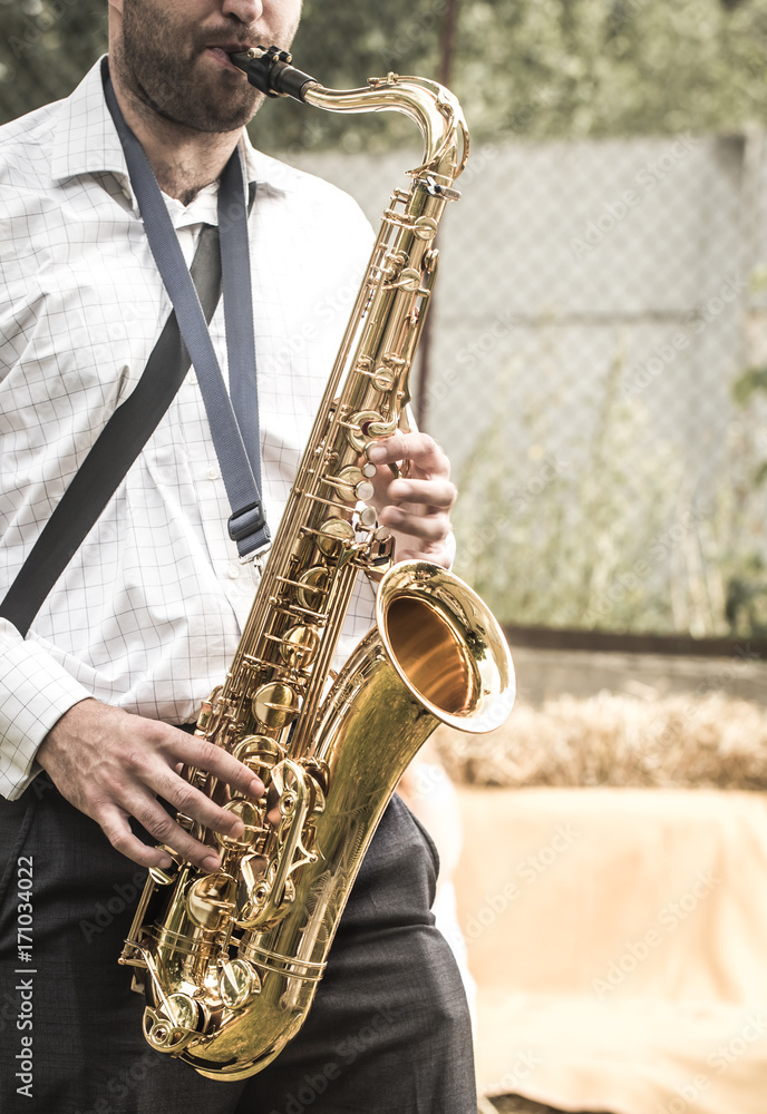 Obraz premium a man plays the saxophone