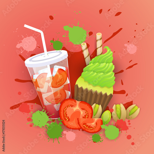 Fresh Muffin With Cocktail Logo Cake Sweet Beautiful Cupcake Dessert Delicious Food Flat Vector Illustration