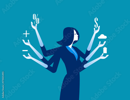 Businesswoman and multitasking. Concept business vector illustration.