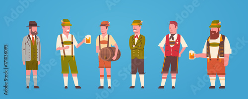 Group Of Man Waiters Wearing German Traditional Clothes Male Holding Beer Mugs Oktoberfest Concept Flat Vector Illustration