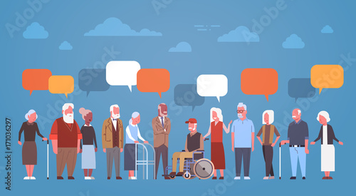 Group Of Senior People With Chat Bubble Grandfather And Grandmother Full Length Flat Vector Illustration
