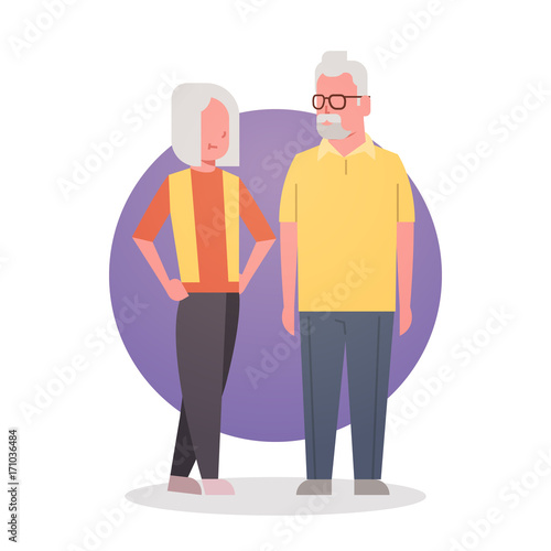 Senior Man And Woman Couple Grandmother And Grandfathr Gray Hair Icon Full Length Flat Vector Illustration