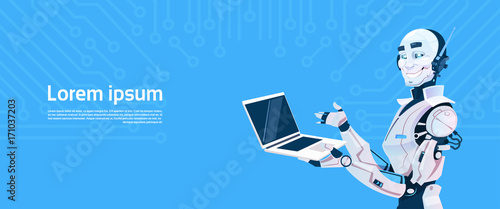 Modern Robot Using Laptop Computer, Futuristic Artificial Intelligence Mechanism Technology Flat Vector Illustration
