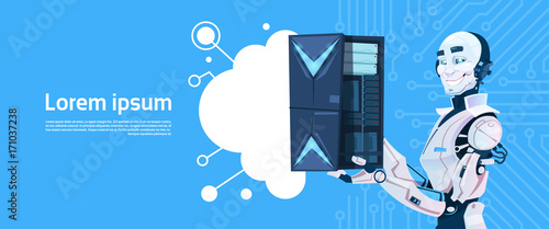 Modern Robot Hold Cloud Database Server, Futuristic Artificial Intelligence Mechanism Technology Flat Vector Illustration