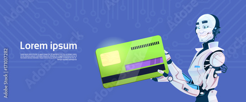 Modern Robot Hold Credit Card Mobile Payment, Futuristic Artificial Intelligence Mechanism Technology Flat Vector Illustration