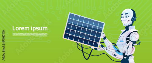 Modern Robot Charging From Solar Panel Battery, Futuristic Artificial Intelligence Mechanism Technology Flat Vector Illustration
