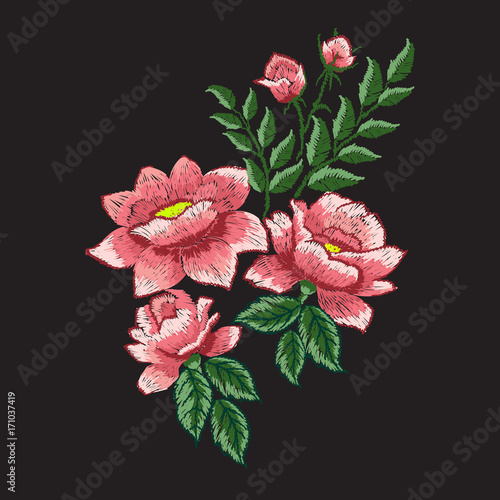 Roses embroidery on black background. Satin stitch imitation, vector.
