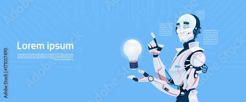 Modern Robot Hold Light Bulb, Futuristic Artificial Intelligence Mechanism Technology Flat Vector Illustration