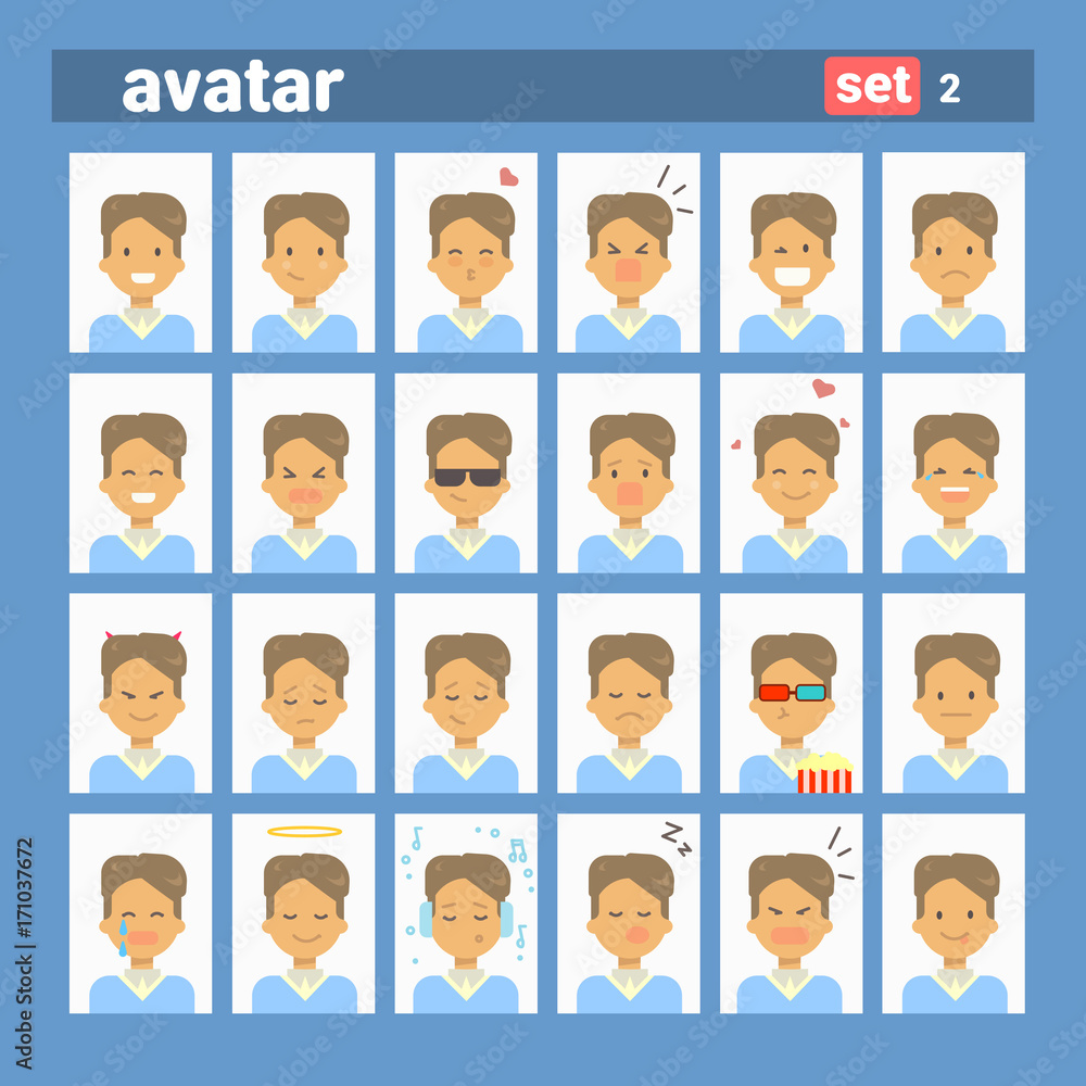 Male Different Emotion Set Profile Icon, Man Cartoon Portrait Face Collection Vector Illustration