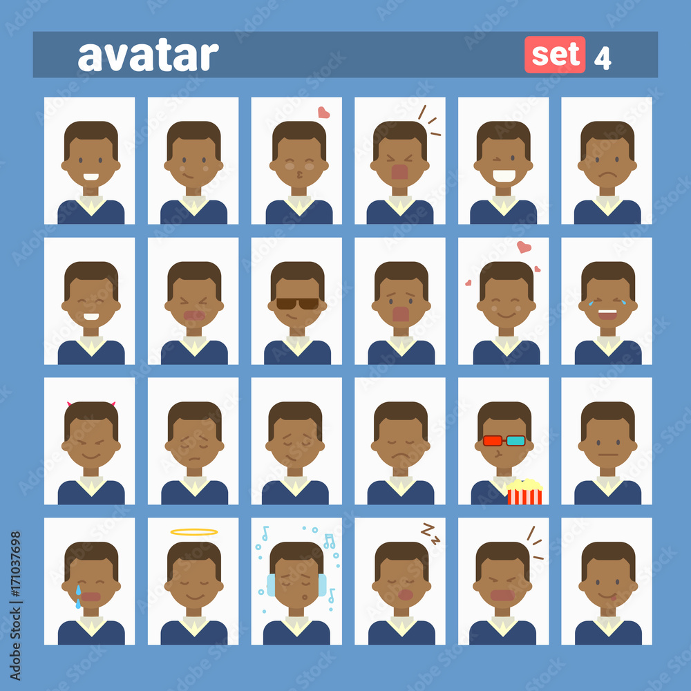 African American Male Different Emotion Set Profile Icon, Man Cartoon Portrait Face Collection Vector Illustration African American Male Different Emotion Set Profile Icon, Man Cartoon Portrait Face Collection Vector Illustration