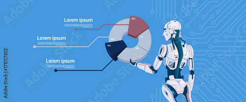 Modern Robot Hold Graphic Diagram, Futuristic Artificial Intelligence Mechanism Technology Flat Vector Illustration