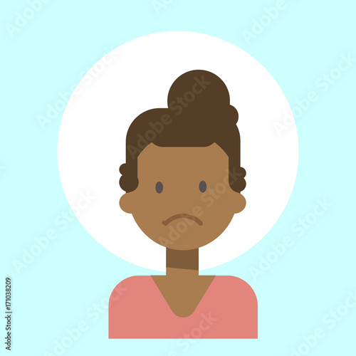 African American Female Sad Emotion Profile Icon, Woman Cartoon Portrait Face Vector Illustration