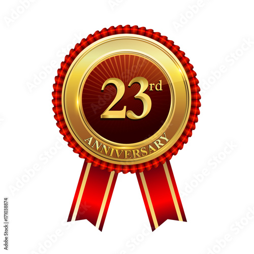 23 years anniversary golden badge with red ribbons isolated on white background, vector design for greeting card, banner and invitation card.