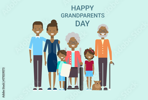 Happy Grandparents Day Greeting Card Banner Big African American Family Together Vector Illustration