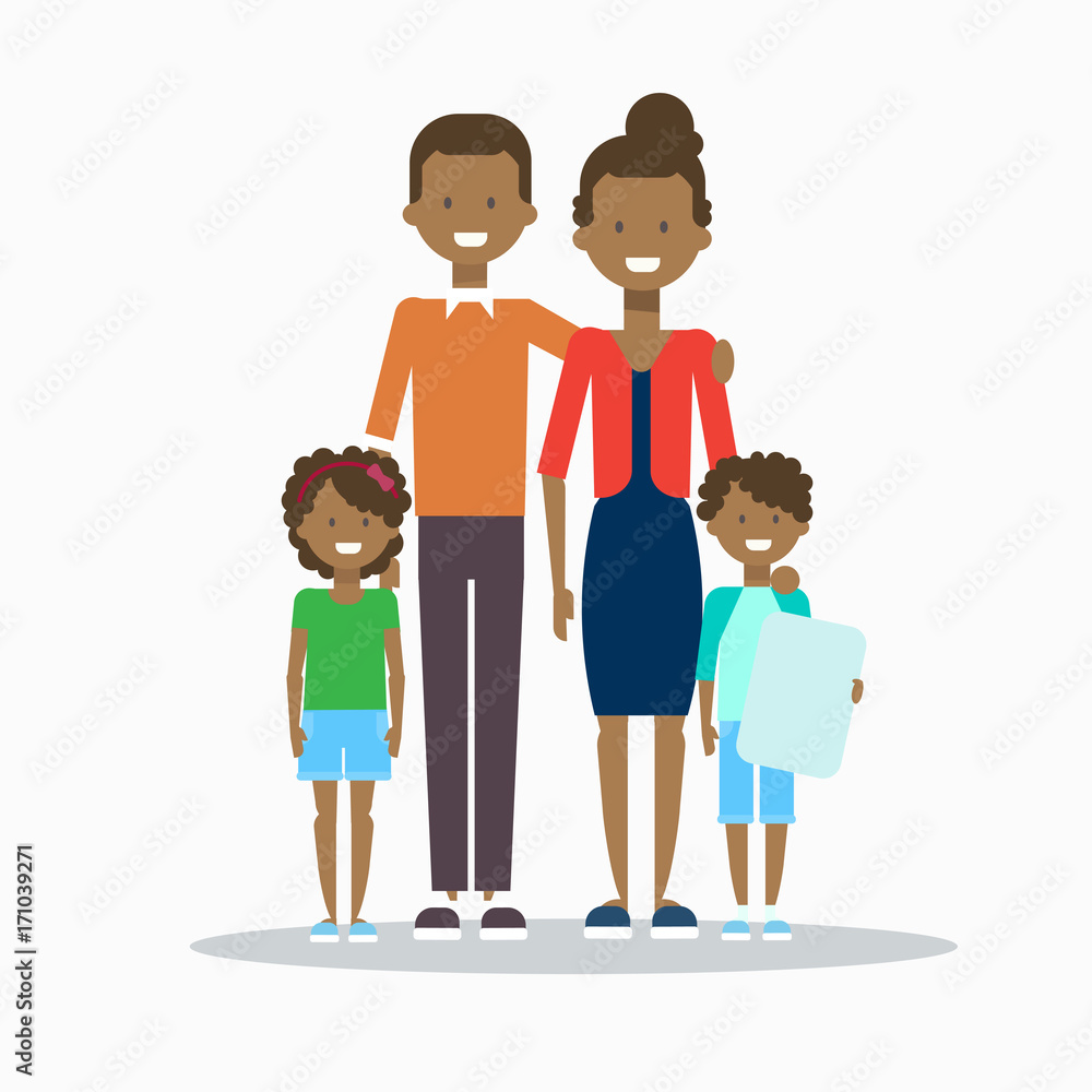 African American Family Happy Smiling Parents With Two Kids Embracing Isolated Vector Illustration