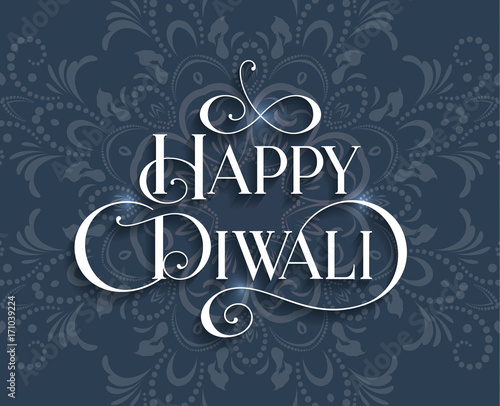 Happy Diwali. Handwritten modern brush black text, gold swirl, background. Beautiful lettering invitation card, greeting, prints, banner. Typographic inscription, calligraphic design vector