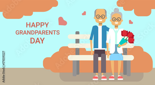 Happy Grandparents Day Greeting Card Holiday Banner Grandfather And Grandmother Couple Sitting On Bench Together Vector Illustration