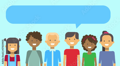 Group Of Teenage Girls And Boys Mix Race Happy Smiling With Chat Bubble Young Woman And Man Diverse Teenagers Vector Illustration