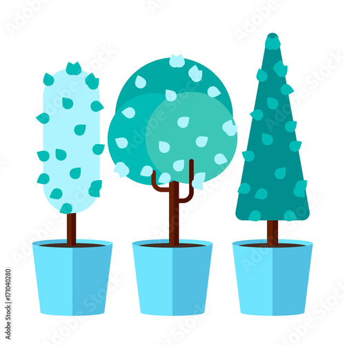 Trees in flowerpots in flat style for weddings. Vector illustration.