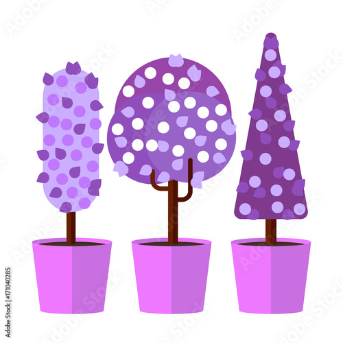 Trees in flowerpots in flat style for weddings. Vector illustration.