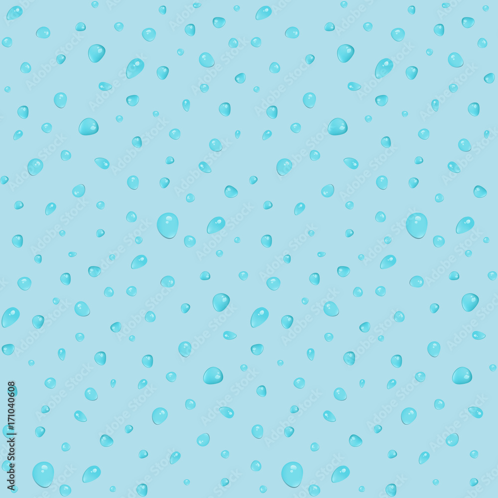 Seamless pattern with small vector water drops on blue background. Waterdrops texture for textile, wrapping paper, beverage or cosmetic banner, cover, surface