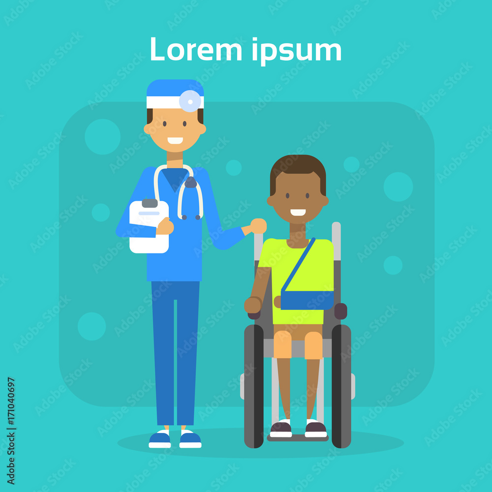 Medical Doctor With Young Man On Wheel Chair Happy African American Male Disabled Smiling Sit On Wheelchair Disability Concept Flat Vector Illustration Medical Doctor With Young Man On Wheel Chair Happy African American Male Disabled Smiling Sit On Wheelchair Disability Concept Flat Vector Illustration