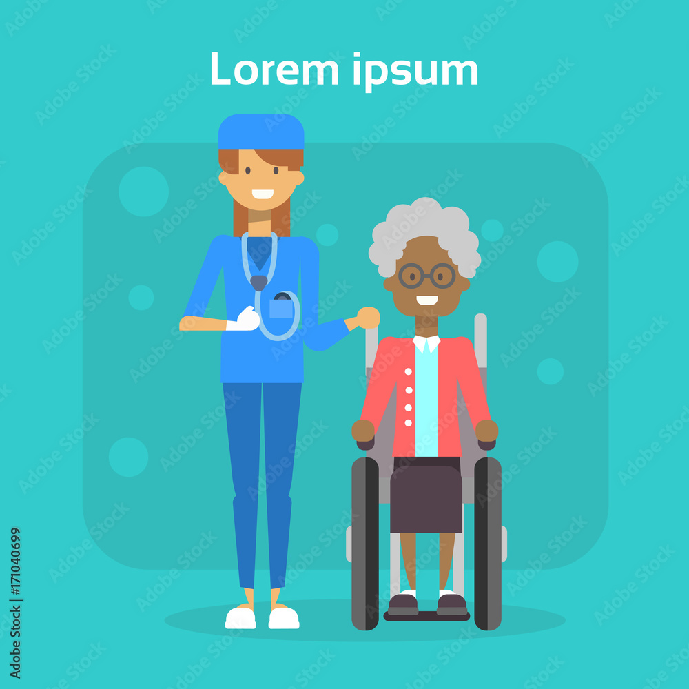 Medical Doctor With Senior Woman On Wheel Chair Happy African American Old Female Disabled Smiling Sit On Wheelchair Disability Concept Flat Vector Illustration