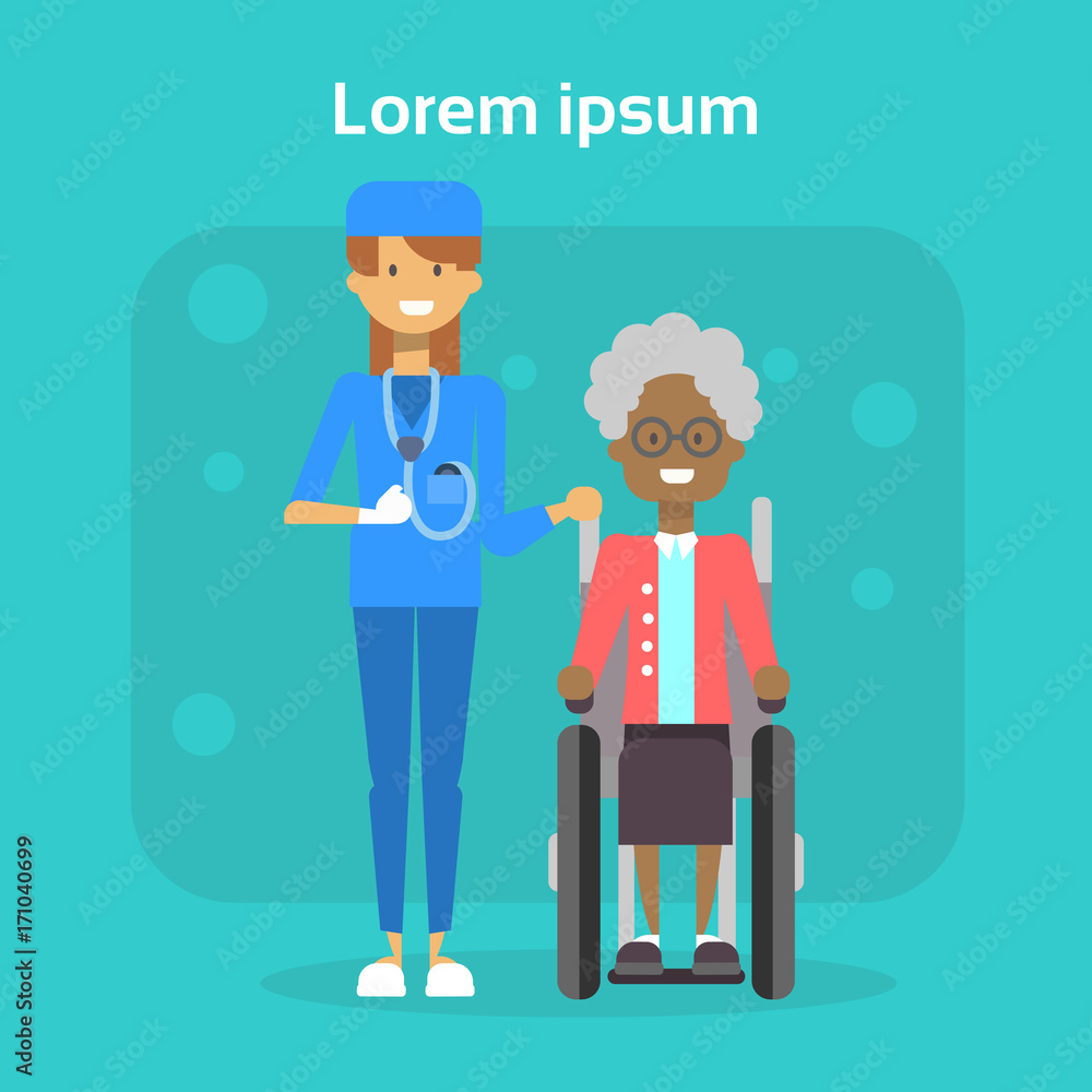 Medical Doctor With Senior Woman On Wheel Chair Happy African American Old Female Disabled Smiling Sit On Wheelchair Disability Concept Flat Vector Illustration Medical Doctor With Senior Woman On Wheel Chair Happy African American Old Female Disabled Smiling Sit On Wheelchair Disability Concept Flat Vector Illustration