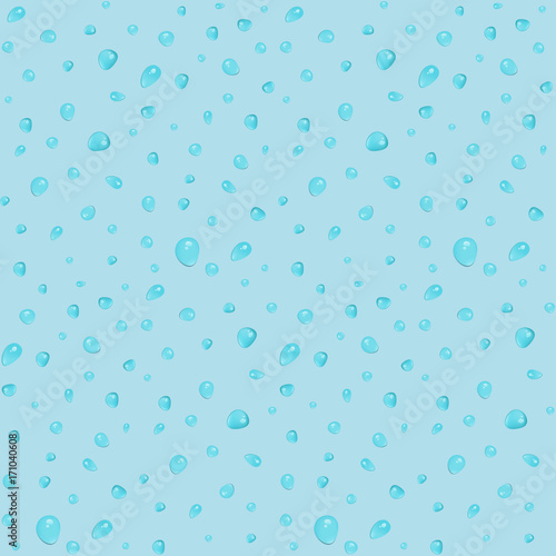 Seamless pattern with small vector water drops on blue background. Waterdrops texture for textile, wrapping paper, beverage or cosmetic banner, cover, surface