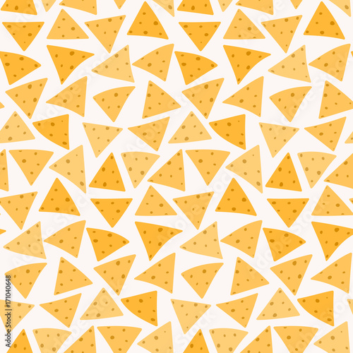 Tasty colorful crispy mexican nachos seamless pattern. Nice spanish fastfood texture for textile, wallpaper, background, cover, banner, bar and cafe menu design