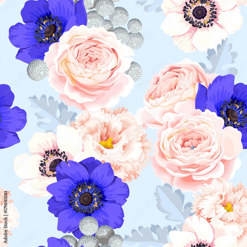 Seamless pattern with eustoma and roses