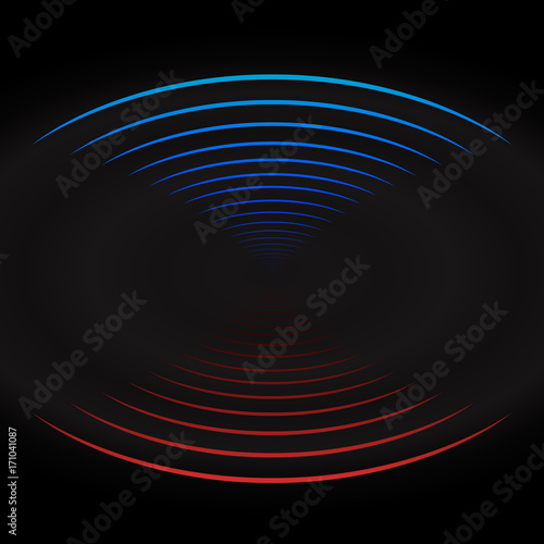 Bluea nd red sound wave on black background. spherical acoustic acoustic wave. vector photo